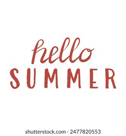 Hello Summer lettering text in red color on white background. Perfect for summer designs, postcards, greeting cards, invitations, posters, prints.