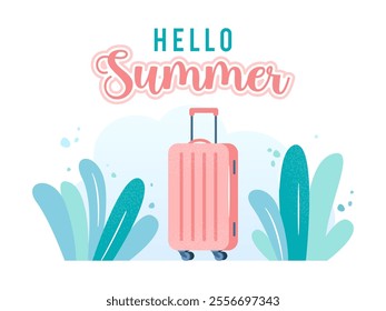 Hola Letras de verano, maleta de viaje. Equipaje de viaje. Vacaciones, viajes, aventura, turismo, equipaje, bolsa. Ilustración vectorial aislada en blanco