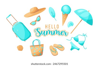 Hello summer lettering, summer travel, vacation, beach party elements. Summertime. Set for banner, poster, card, scrapbooking, tag, invitation, sticker. Vector illustration isolated on white