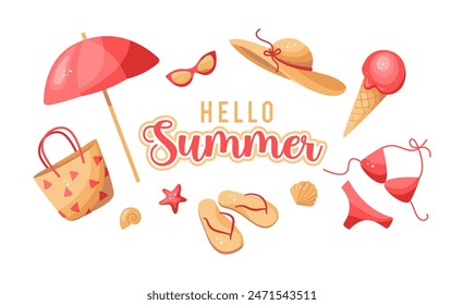 Hola letras de verano, viajes de verano, vacaciones, fiesta en la playa. Helado, bolsa de playa, sombrero, paraguas, conchas, gafas de sol, estrellas de mar, traje de baño. Verano.Ilustración vectorial aislada en blanco