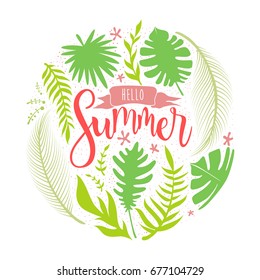 Hello Summer Lettering with tropical leaf vector illustration