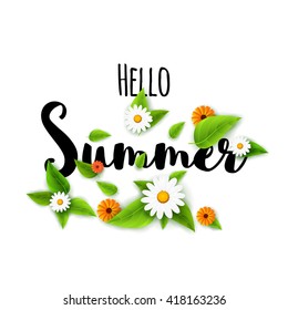 Hello summer lettering typography with flowers on white.