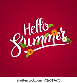 Hello summer lettering typography with flowers on white