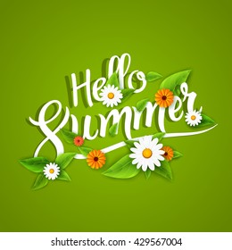 Hello summer lettering typography with flowers on white