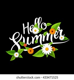 Hello summer lettering typography with flowers on white