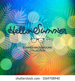 Hello Summer lettering typography on blurred sunset with bokeh lights, vector illustration