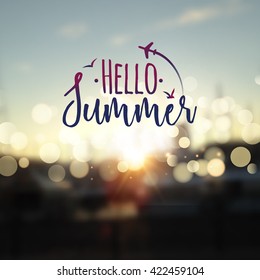 Hello Summer Lettering Typography On Blurred Sunset With Bokeh Lights.