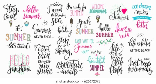 Hello summer lettering typography quote set. Calligraphy graphic design element. Hand written style. Simple vector brush sign. Stay cool Adventure awaits Ice cream Smile Travel Vitamin sea Flip flops