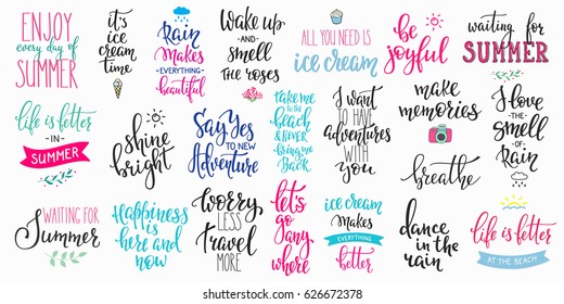 Hello summer lettering typography quote set. Calligraphy graphic design element. Hand written style. Simple vector brush sign. Be joyful Make memories Breathe Smell rain Travel Shine bright Adventure