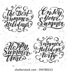Hello summer lettering typography set. Calligraphy summer postcard or poster graphic design lettering element. Hand written style summer postcard. text with ornamental elements. Vector illustration.