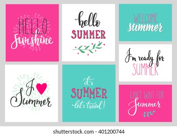 Hello summer lettering typography set. Calligraphy summer postcard or poster graphic design lettering element. Hand written calligraphy style summer postcard. Simple vector brush calligraphy.