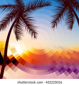 Hello Summer Lettering vacation and travel. Tropical poster with sunset or sunrise bright background and palm exotic island.