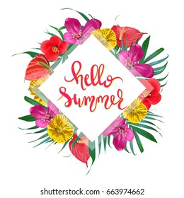 Hello summer lettering. Vector frame with exotic flowers and palm leaves. Tropical summer design. Greeting card.  Hawaiian style, Trendy design.