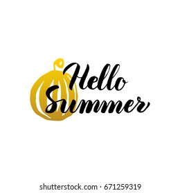 Hello Summer Lettering. Vector Illustration of Calligraphy and Watermelon Design Element.