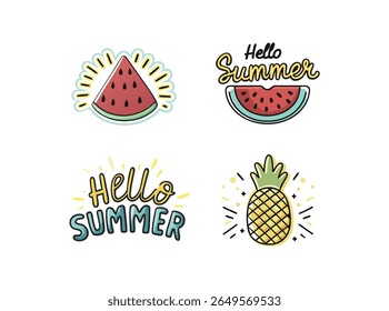Hello Summer Lettering with Watermelon and Pineapple Vector Set. Fun and Playful Summer Design Elements.