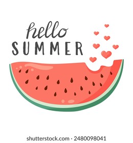 Hello Summer lettering with watermelon slice. Vibrant green rind and red flesh with black seeds. Flat vector illustration for postcard, greeting card, invitation, seasonal print, poster, t-shirt