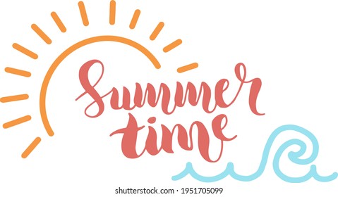 Hello summer lettering, wave and sun. Hand drown and written converted to vector, isolated, coloured. 