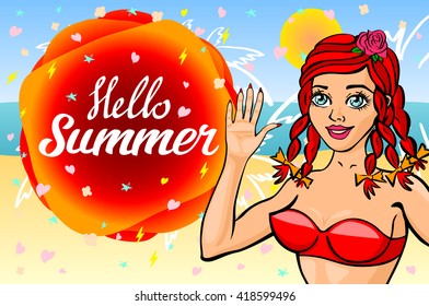 Hello summer lettering and Woman on Sand of the Sea Beach and Takes Sunbath. Summer time. Summer girl. Summer beach. Bikini girl on the sea beach. Summer pin-up vintage poster art