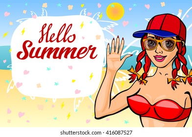 Hello summer lettering and Woman Sitting on Sand of the Sea Beach and Takes Sunbath. Bikini girl on the sea beach. Summer pinup vintage poster art sunglasses
