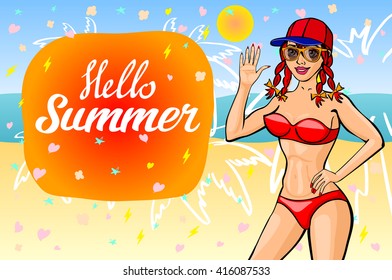 Hello summer lettering and Woman Sitting on Sand of the Sea Beach and Takes Sunbath. Bikini girl on the sea beach. Summer pinup vintage poster art sunglasses