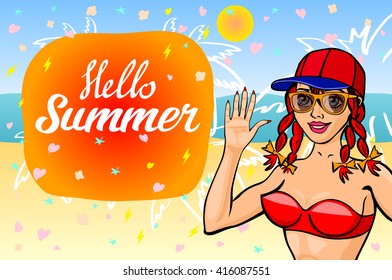 Hello summer lettering and Woman Sitting on Sand of the Sea Beach and Takes Sunbath. Bikini girl on the sea beach. Summer pinup vintage poster art sunglasses