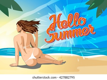 Hello summer lettering and Woman Sitting on Sand of the Sea Beach and Takes Sunbath. 