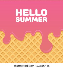 Hello Summer letters in Ice cream pattern cream and waffle texture vector illustration.