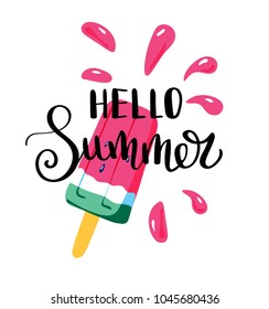 Hello Summer letting handwriting quote and watermelon ice cream. Emotional print with watermelon hand writing quote.