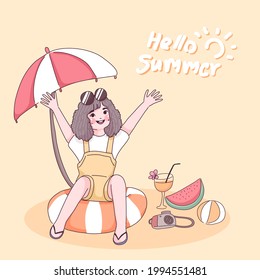 Hello summer with little girl illustration design of vector. Holiday on summer time. Hello summer!