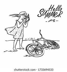 Hello summer. A little girl listens to a seashell against the background of the sea. Summer holidays. The bike is lying on the sand. Vector. The outline style