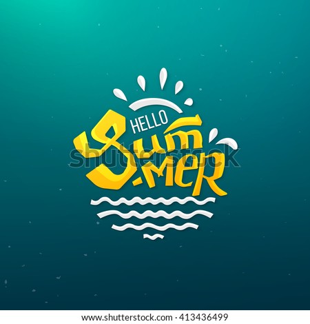 Hello Summer logo with abstract sun and sea doodle design. Vector illustration for season banner, label, poster.