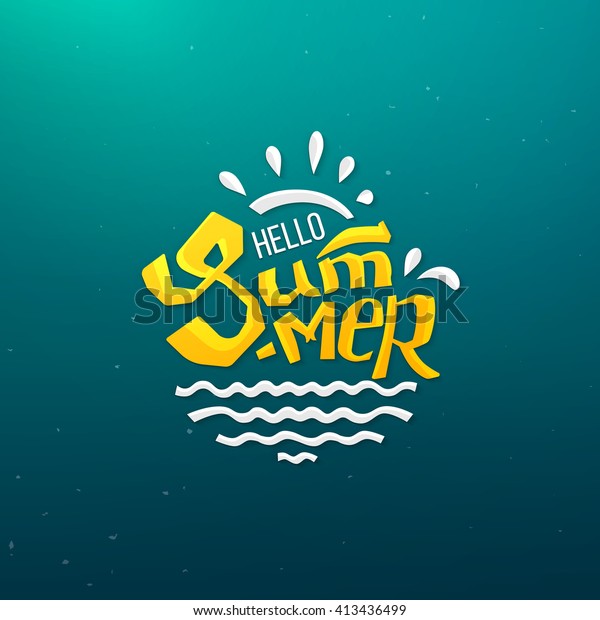 ハローサマーのロゴと抽象的な太陽と海の落書きデザイン シーズンバナー ラベル ポスターのベクターイラスト のベクター画像素材 ロイヤリティフリー