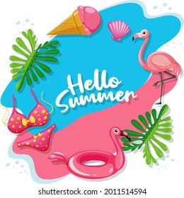 Hello Summer logo banner with beach items illustration