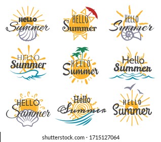 Hello summer logo. Cute season sun beach prints and stickers for journal with written calligraphy text vector icon set