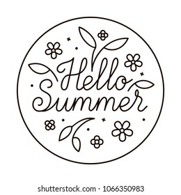 Hello summer logo in flat style with flowers, leaves and geometric shapes. Circle nature icon. Black and white graphic floral design element in minimal modern style. Vector illustration. EPS 10