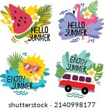 hello summer logo label concepts banner design sun van watermelon flamingo vector illustration