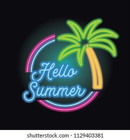 hello summer logo with neon sign effect. vector illustration
