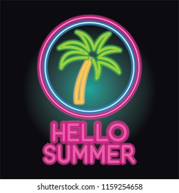 hello summer logo with neon sign effect. vector illustration
