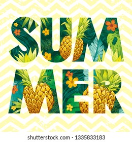 Hello Summer logo with pineapple fruit, tropic leaf pattern. Ananas hand drawn illustration for hawaiian flyer, poster, luau party invitation, print design.  Paradise element, vector seamless zig zag