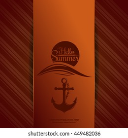 Hello Summer logo. Sun over sea waves and the ship's anchor. Summer icons on orange  background.  Vector illustration