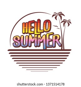 Hello summer logo - summer sunset at beach - vector illustration