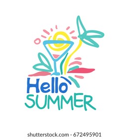Hello Summer logo template colorful hand drawn vector Illustration