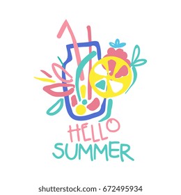 Hello Summer logo template colorful hand drawn vector Illustration