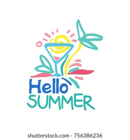 Hello summer logo template, label for summer holiday, restaurant, cafe, bar, menu, travel agency colorful hand drawn vector illustration