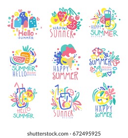 Hello Summer logo template original design set, colorful hand drawn vector Illustrations