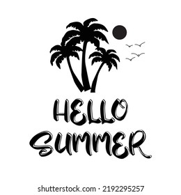 Hola verano. Ilustración vectorial del logotipo de verano con fondo blanco, Letras y caligrafía para afiches, fondo, postal, banner y ventana. Imprimir en la taza, bolsa, camisa, paquete