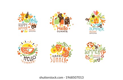 Hello Summer Logo Templates Collection, Summer Vacation, Sale, Tropical Resort Hand Drawn Badges Vector Illustration