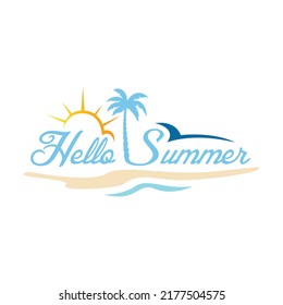 Hello Summer logo vector design illustration. Beach and simple ocean wave flat design vector. Abstract creative logo summer season