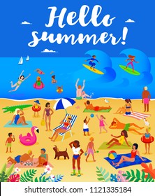 Hello summer! Lots of people on the sandy beach. Seashore. Tropical island. People sunbathe and bathe. Surfing and sailing. A beautiful sunny day. Summer card template.