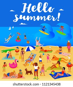 Hello summer! Lots of people on the sandy beach. Seashore. People sunbathe and bathe. Surfing and sailing. A beautiful sunny day. Summer card template.